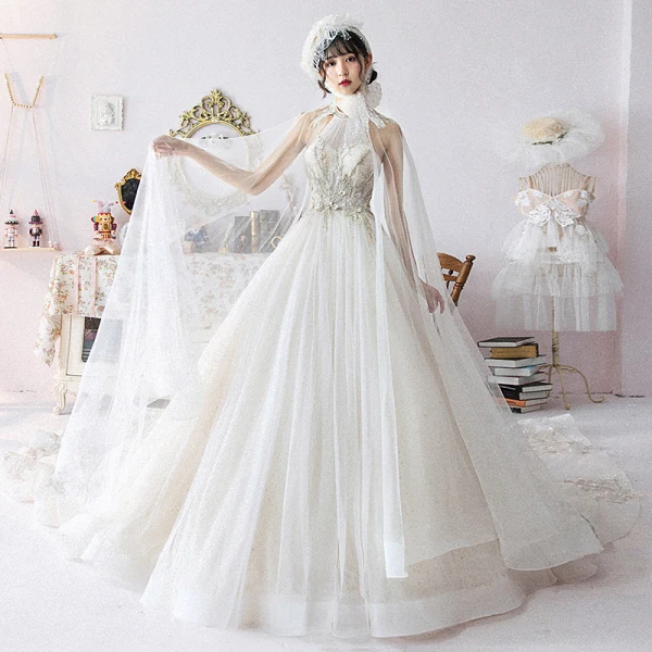 Vintage / Retro Champagne Wedding Dresses With Shawl 2019 Ball Gown Halter  Sleeveless Backless Glitter Tulle Beading
