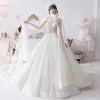Vintage / Retro Champagne Wedding Dresses With Shawl 2019 Ball Gown Halter Sleeveless Backless Glitter Tulle Beading Cathedral Train Ruffle