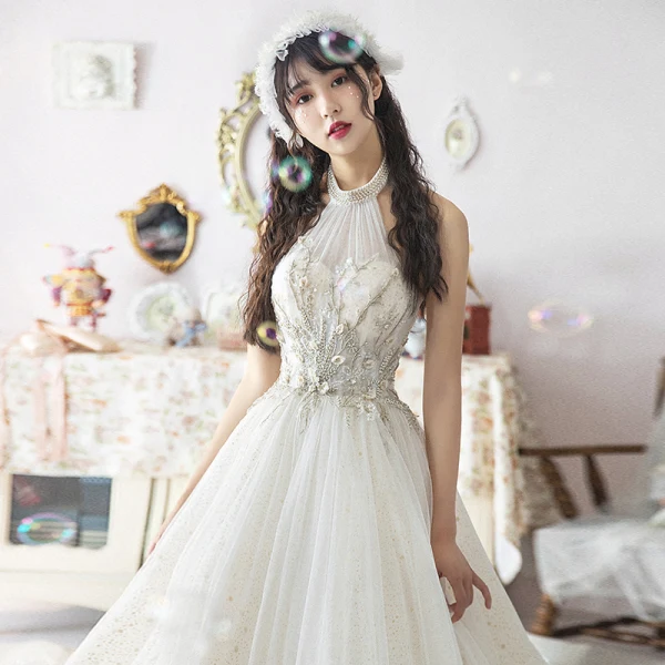 Vintage / Retro Champagne Wedding Dresses With Shawl 2019 Ball Gown Halter Sleeveless Backless Glitter Tulle Beading Cathedral Train Ruffle