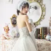 Vintage / Retro Champagne Wedding Dresses With Shawl 2019 Ball Gown Halter Sleeveless Backless Glitter Tulle Beading Cathedral Train Ruffle