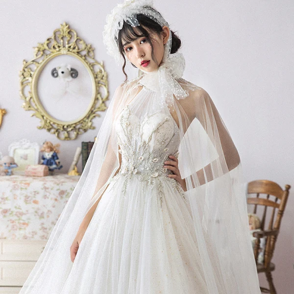 Vintage / Retro Champagne Wedding Dresses With Shawl 2019 Ball Gown Halter Sleeveless Backless Glitter Tulle Beading Cathedral Train Ruffle