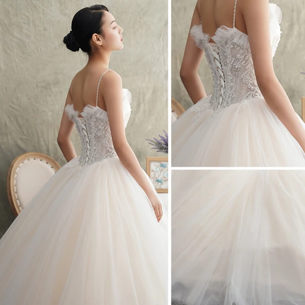 Elegant Champagne Wedding Dresses 2019 A-Line / Princess Spaghetti Straps Sleeveless Backless Appliques Lace Beading Floor-Length / Long Ruffle