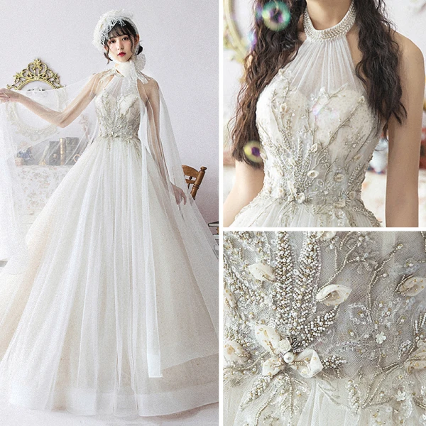 Vintage / Retro Champagne Wedding Dresses With Shawl 2019 Ball Gown Halter Sleeveless Backless Glitter Tulle Beading Cathedral Train Ruffle