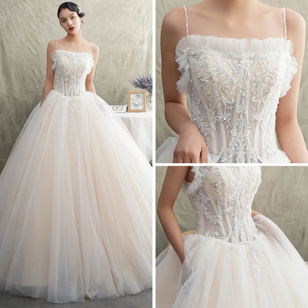 Elegant Champagne Wedding Dresses 2019 A-Line / Princess Spaghetti Straps Sleeveless Backless Appliques Lace Beading Floor-Length / Long Ruffle