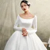 Vintage / Retro Ivory Satin Winter Wedding Dresses 2019 Princess Scoop Neck Long Sleeve Chapel Train Ruffle