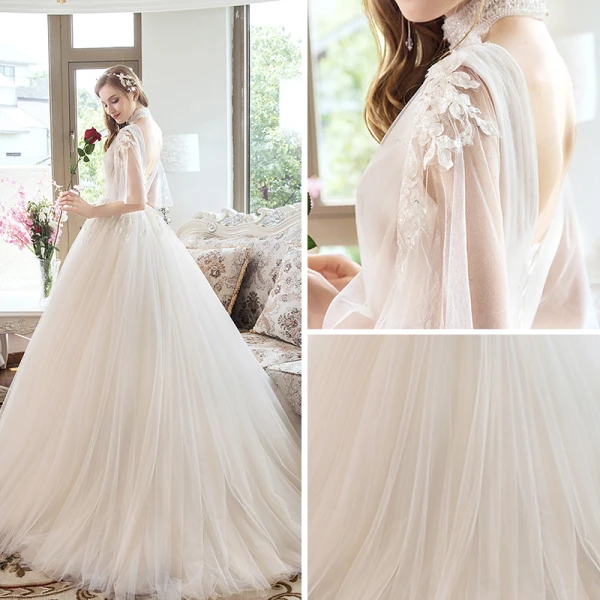 Vintage Champagner Durchbohrt Brautkleider / Hochzeitskleider 2019 Ballkleid Stehkragen 1/2 Ärmel Rückenfreies Applikationen Spitze Hof-Schleppe Rüschen