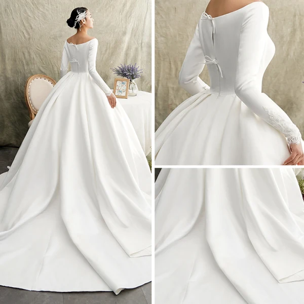 Vintage / Originale Ivoire Satin Hiver Robe De Mariée 2019 Princesse Encolure Dégagée Manches Longues Chapel Train Volants