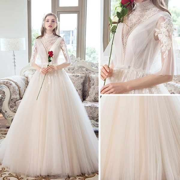 Vintage Champagner Durchbohrt Brautkleider / Hochzeitskleider 2019 Ballkleid Stehkragen 1/2 Ärmel Rückenfreies Applikationen Spitze Hof-Schleppe Rüschen