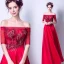 Abordable Rouge Robe De Soirée 2019 Princesse De l'épaule 1/2 Manches Appliques En Dentelle Perle Faux Diamant Train De Balayage Volants Dos Nu Robe De Ceremonie