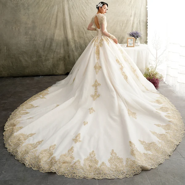 Luxury / Gorgeous Champagne Pierced Wedding Dresses 2019 Princess V-Neck Short Sleeve Backless Appliques Lace Beading Cathedral Train Ruffle