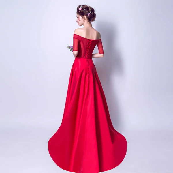 Abordable Rouge Robe De Soirée 2019 Princesse De l'épaule 1/2 Manches Appliques En Dentelle Perle Faux Diamant Train De Balayage Volants Dos Nu Robe De Ceremonie