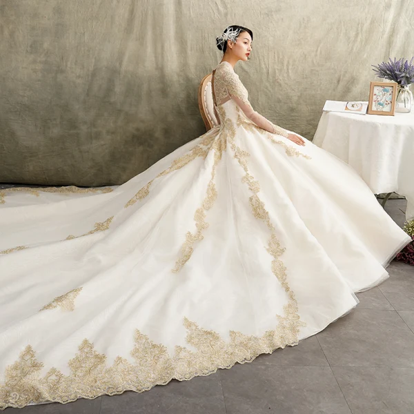 Luxury / Gorgeous Champagne Pierced Wedding Dresses 2019 Princess V-Neck Short Sleeve Backless Appliques Lace Beading Cathedral Train Ruffle