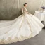 Luxury / Gorgeous Champagne Pierced Wedding Dresses 2019 Princess V-Neck Short Sleeve Backless Appliques Lace Beading Cathedral Train Ruffle