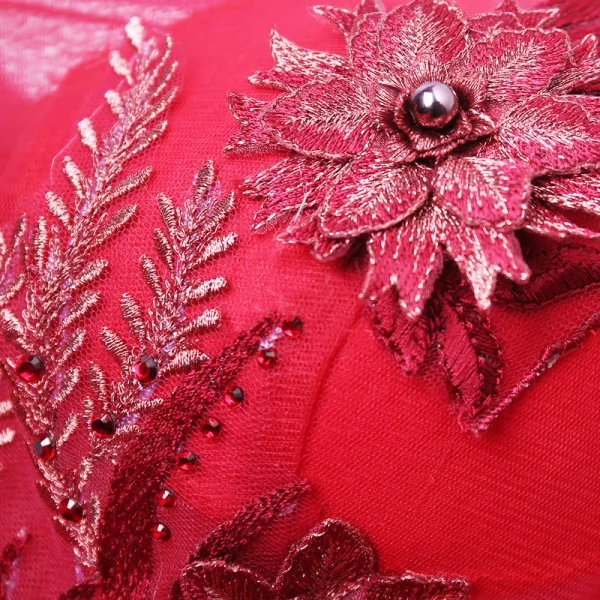 Abordable Rouge Robe De Soirée 2019 Princesse De l'épaule 1/2 Manches Appliques En Dentelle Perle Faux Diamant Train De Balayage Volants Dos Nu Robe De Ceremonie