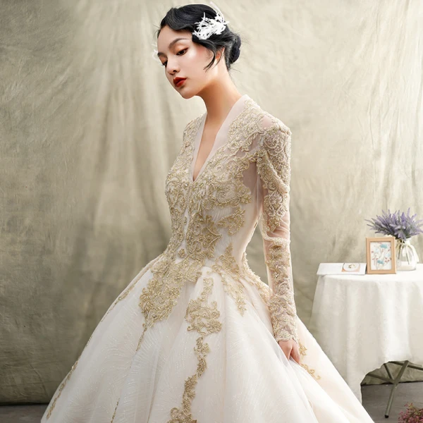 Luxury / Gorgeous Champagne Pierced Wedding Dresses 2019 Princess V-Neck Short Sleeve Backless Appliques Lace Beading Cathedral Train Ruffle