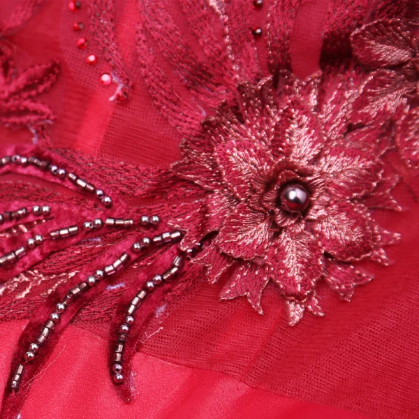 Abordable Rouge Robe De Soirée 2019 Princesse De l'épaule 1/2 Manches Appliques En Dentelle Perle Faux Diamant Train De Balayage Volants Dos Nu Robe De Ceremonie