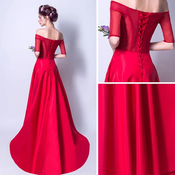 Abordable Rouge Robe De Soirée 2019 Princesse De l'épaule 1/2 Manches Appliques En Dentelle Perle Faux Diamant Train De Balayage Volants Dos Nu Robe De Ceremonie