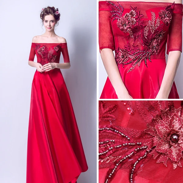 Abordable Rouge Robe De Soirée 2019 Princesse De l'épaule 1/2 Manches Appliques En Dentelle Perle Faux Diamant Train De Balayage Volants Dos Nu Robe De Ceremonie