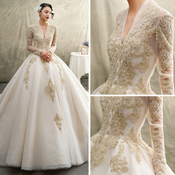 Luxury / Gorgeous Champagne Pierced Wedding Dresses 2019 Princess V-Neck Short Sleeve Backless Appliques Lace Beading Cathedral Train Ruffle