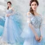 Illusion Bleu Ciel Transparentes Robe De Soirée 2019 Princesse Encolure Dégagée Manches de cloche Appliques En Dentelle Faux Diamant Tribunal Train Volants Dos Nu Robe De Ceremonie