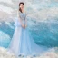 Illusion Bleu Ciel Transparentes Robe De Soirée 2019 Princesse Encolure Dégagée Manches de cloche Appliques En Dentelle Faux Diamant Tribunal Train Volants Dos Nu Robe De Ceremonie