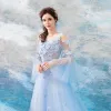 Illusion Sky Blue See-through Evening Dresses  2019 A-Line / Princess Scoop Neck Bell sleeves Appliques Lace Rhinestone Court Train Ruffle Backless Formal Dresses