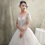 Luxus / Herrlich Champagner Durchsichtige Brautkleider / Hochzeitskleider 2019 A Linie Rundhalsausschnitt Kurze Ärmel Rückenfreies Feder Applikationen Spitze Glanz Tülle Perlenstickerei Quaste Kathedrale Schleppe Rüschen