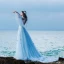 Illusion Bleu Ciel Transparentes Robe De Soirée 2019 Princesse Encolure Dégagée Manches de cloche Appliques En Dentelle Faux Diamant Tribunal Train Volants Dos Nu Robe De Ceremonie