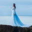 Illusion Bleu Ciel Transparentes Robe De Soirée 2019 Princesse Encolure Dégagée Manches de cloche Appliques En Dentelle Faux Diamant Tribunal Train Volants Dos Nu Robe De Ceremonie