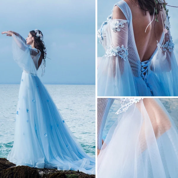 Illusion Bleu Ciel Transparentes Robe De Soirée 2019 Princesse Encolure Dégagée Manches de cloche Appliques En Dentelle Faux Diamant Tribunal Train Volants Dos Nu Robe De Ceremonie