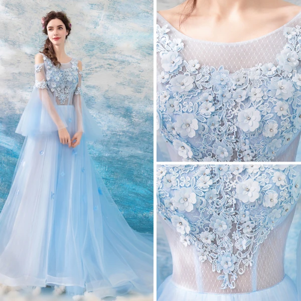 Illusion Bleu Ciel Transparentes Robe De Soirée 2019 Princesse Encolure Dégagée Manches de cloche Appliques En Dentelle Faux Diamant Tribunal Train Volants Dos Nu Robe De Ceremonie