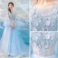 Illusion Bleu Ciel Transparentes Robe De Soirée 2019 Princesse Encolure Dégagée Manches de cloche Appliques En Dentelle Faux Diamant Tribunal Train Volants Dos Nu Robe De Ceremonie