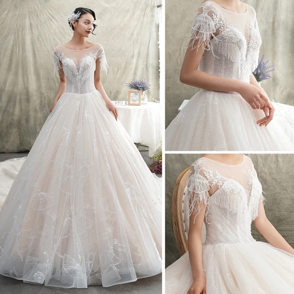 Luxus / Herrlich Champagner Durchsichtige Brautkleider / Hochzeitskleider 2019 A Linie Rundhalsausschnitt Kurze Ärmel Rückenfreies Feder Applikationen Spitze Glanz Tülle Perlenstickerei Quaste Kathedrale Schleppe Rüschen