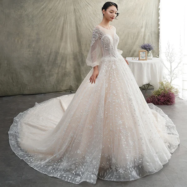 Luxury / Gorgeous Champagne See-through Wedding Dresses 2019 A-Line / Princess Scoop Neck Puffy Long Sleeve Backless Glitter Tulle Appliques Lace Luxury / Gorgeous Champagne See-through Wedding Dresses 2019 A-Line / Princess Scoop Neck Puffy Long Sleeve Backless Glitter Tulle Appliques Lace