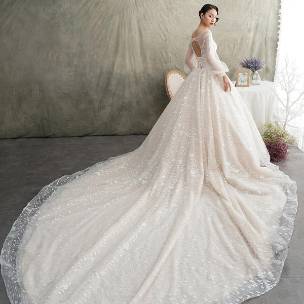 Luxury / Gorgeous Champagne See-through Wedding Dresses 2019 A-Line / Princess Scoop Neck Puffy Long Sleeve Backless Glitter Tulle Appliques Lace Beading Cathedral Train Ruffle