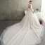 Luxury / Gorgeous Champagne See-through Wedding Dresses 2019 A-Line / Princess Scoop Neck Puffy Long Sleeve Backless Glitter Tulle Appliques Lace Beading Cathedral Train Ruffle