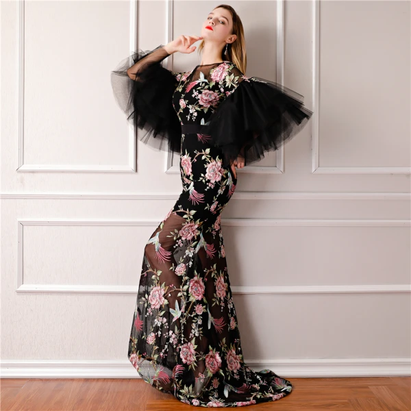 Modern / Fashion Black Summer See-through Evening Dresses 2019 A-Line / Princess Scoop Neck Puffy Long Sleeve Embroidered Flower Formal Dresses Sweep Train