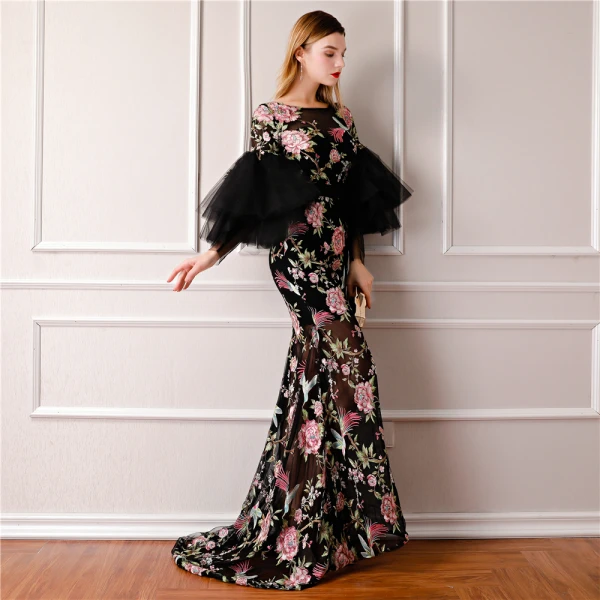Modern / Fashion Black Summer See-through Evening Dresses 2019 A-Line / Princess Scoop Neck Puffy Long Sleeve Embroidered Flower Formal Dresses Sweep Train