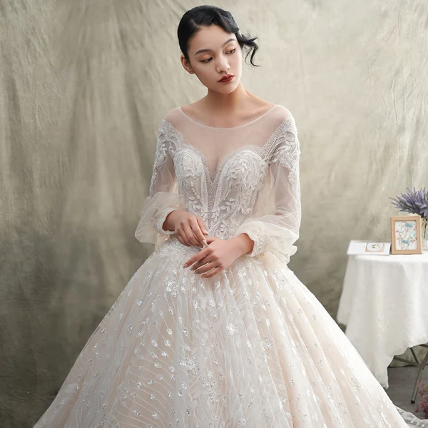 Luxury / Gorgeous Champagne See-through Wedding Dresses 2019 A-Line / Princess Scoop Neck Puffy Long Sleeve Backless Glitter Tulle Appliques Lace Beading Cathedral Train Ruffle