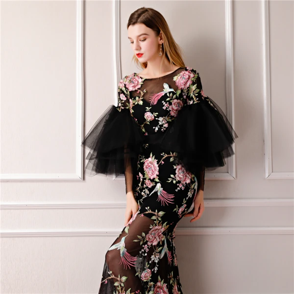 Modern / Fashion Black Summer See-through Evening Dresses 2019 A-Line / Princess Scoop Neck Puffy Long Sleeve Embroidered Flower Formal Dresses Sweep Train