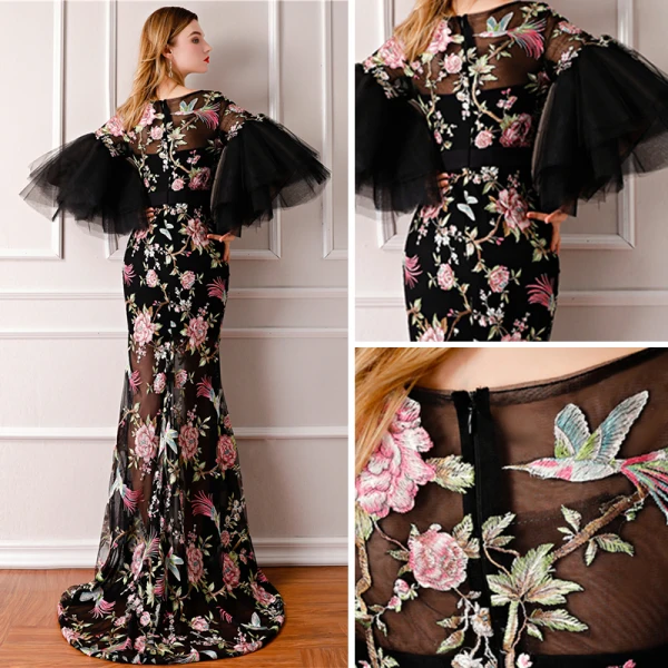 Modern / Fashion Black Summer See-through Evening Dresses 2019 A-Line / Princess Scoop Neck Puffy Long Sleeve Embroidered Flower Formal Dresses Sweep Train