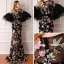 Modern / Fashion Black Summer See-through Evening Dresses  2019 A-Line / Princess Scoop Neck Puffy Long Sleeve Embroidered Flower Formal Dresses Sweep Train