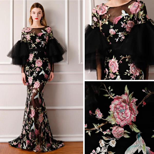 Modern / Fashion Black Summer See-through Evening Dresses 2019 A-Line / Princess Scoop Neck Puffy Long Sleeve Embroidered Flower Formal Dresses Sweep Train