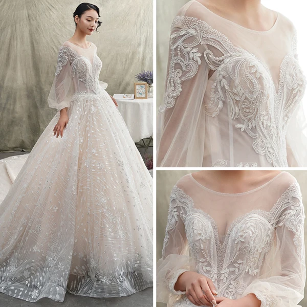 Luxury / Gorgeous Champagne See-through Wedding Dresses 2019 A-Line / Princess Scoop Neck Puffy Long Sleeve Backless Glitter Tulle Appliques Lace Beading Cathedral Train Ruffle