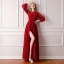 Luxe Bordeaux Robe De Soirée 2019 Princesse Encolure Dégagée Gonflée Manches Longues Fait main Perlage Perle Noeud Ceinture Fendue devant Longue Volants Robe De Ceremonie