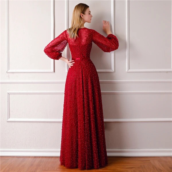 Luxe Bordeaux Robe De Soirée 2019 Princesse Encolure Dégagée Gonflée Manches Longues Fait main Perlage Perle Noeud Ceinture Fendue devant Longue Volants Robe De Ceremonie