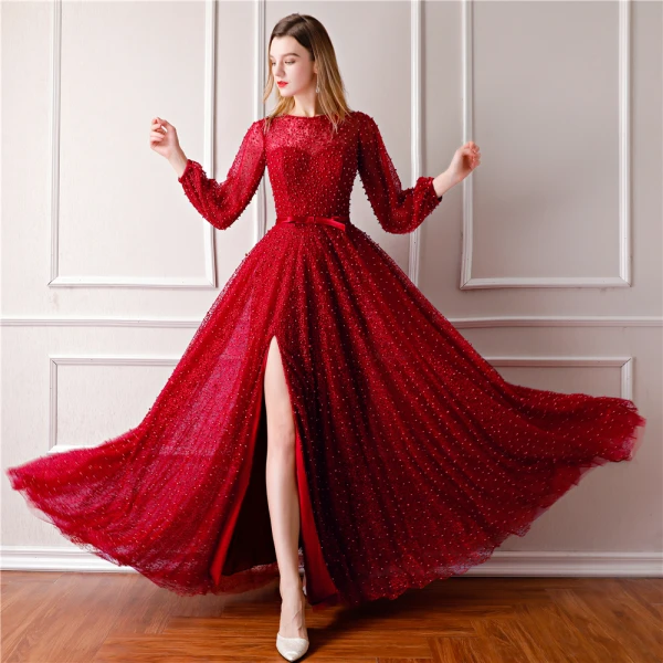 Luxe Bordeaux Robe De Soirée 2019 Princesse Encolure Dégagée Gonflée Manches Longues Fait main Perlage Perle Noeud Ceinture Fendue devant Longue Volants Robe De Ceremonie