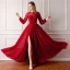 Luxe Bordeaux Robe De Soirée 2019 Princesse Encolure Dégagée Gonflée Manches Longues Fait main Perlage Perle Noeud Ceinture Fendue devant Longue Volants Robe De Ceremonie