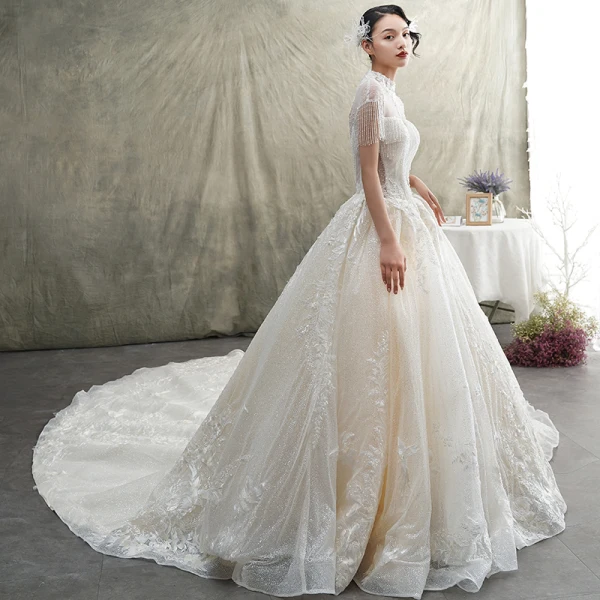 Luxe Champagne Transparentes Robe De Mariée 2019 Princesse Col Haut Manches Courtes Dos Nu Appliques En Dentelle Perlage Gland Glitter Tulle Cathedral Train Volants