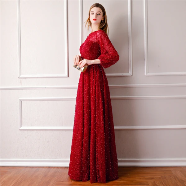 Luxe Bordeaux Robe De Soirée 2019 Princesse Encolure Dégagée Gonflée Manches Longues Fait main Perlage Perle Noeud Ceinture Fendue devant Longue Volants Robe De Ceremonie
